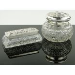 Cut-glass powder bowl and matching pin box,
with embossed silver tops Birmingham 1902, (2).