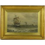 Watercolour, sailing ship entering harbour, indistinctly signed and dated 1908, 12" x 18", framed.