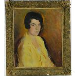 Early 20th century oil on canvas, portrait of a woman in a yellow dress,