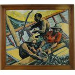 South African School,
mid 20th century oil on board, native fishermen hauling in the nets,