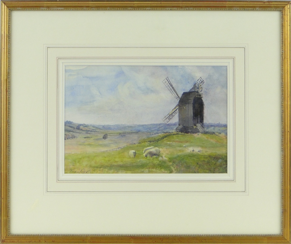 Watercolour, sheep near windmill, indistinctly signed Tivenlow? 7.5" x 11", framed.