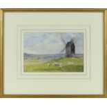 Watercolour, sheep near windmill, indistinctly signed Tivenlow? 7.5" x 11", framed.