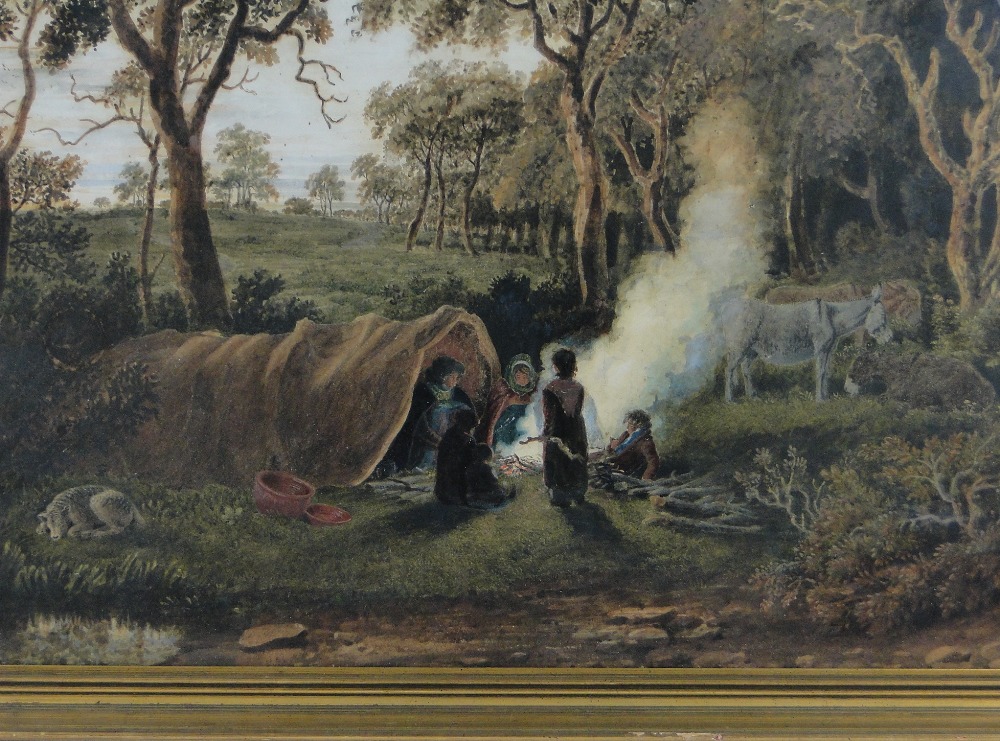 19th century watercolour, gypsy encampment, unsigned, 21" x 27", framed. - Image 2 of 2