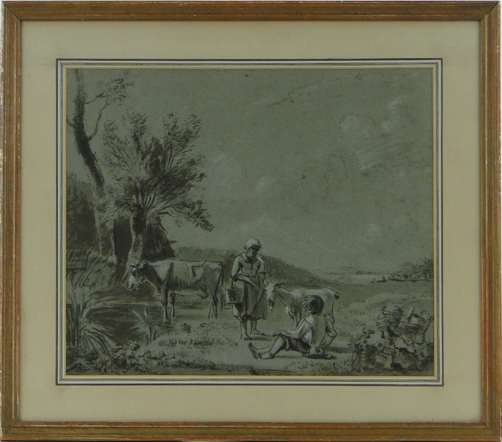 Old Master School
pencil and wash, figures and cattle in landscape, unsigned, 12" x 14", framed.