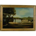 19th century oil on wood panel, view towards a large country house, unsigned, 21.5" x 31.5", framed.