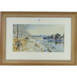Maude Parker (1904-1932),
watercolour, a log cabin on the banks of a snowy river, signed, 11.