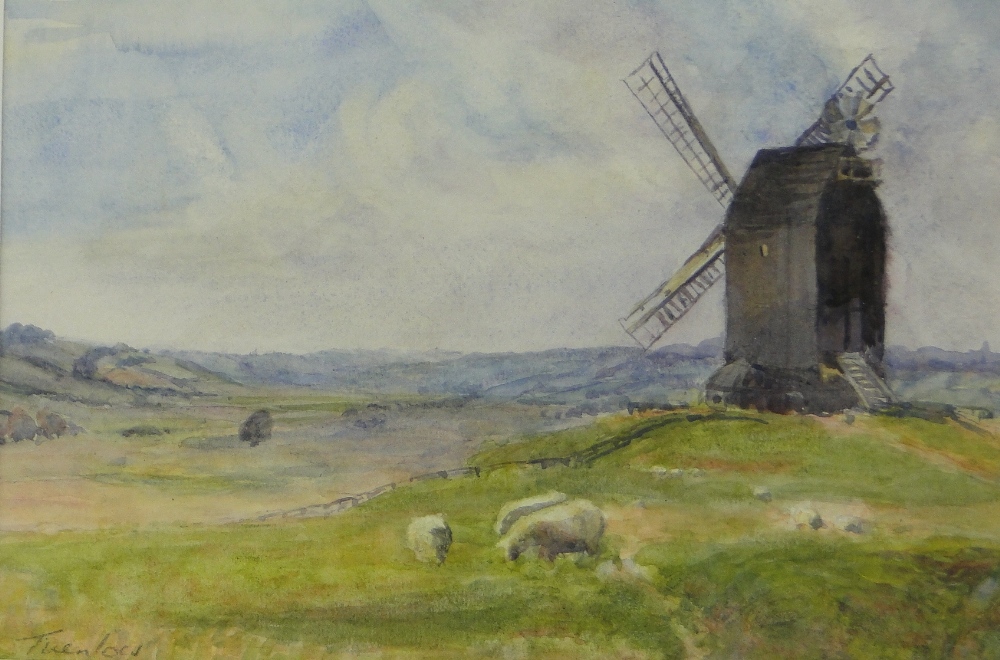 Watercolour, sheep near windmill, indistinctly signed Tivenlow? 7.5" x 11", framed. - Image 2 of 2
