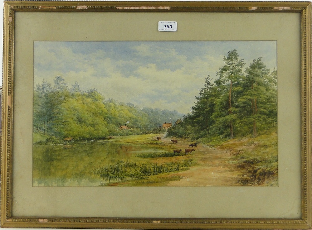 W Bolton,
19th century watercolour, cattle in landscape, signed, 12" x 20", framed.