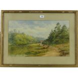 W Bolton,
19th century watercolour, cattle in landscape, signed, 12" x 20", framed.
