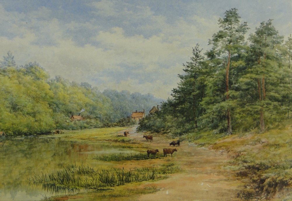 W Bolton,
19th century watercolour, cattle in landscape, signed, 12" x 20", framed. - Image 2 of 2