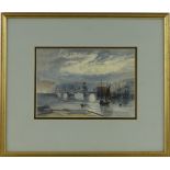 19th century watercolour, moonlit harbour scene, unsigned, 6.5" x 9.5", framed.