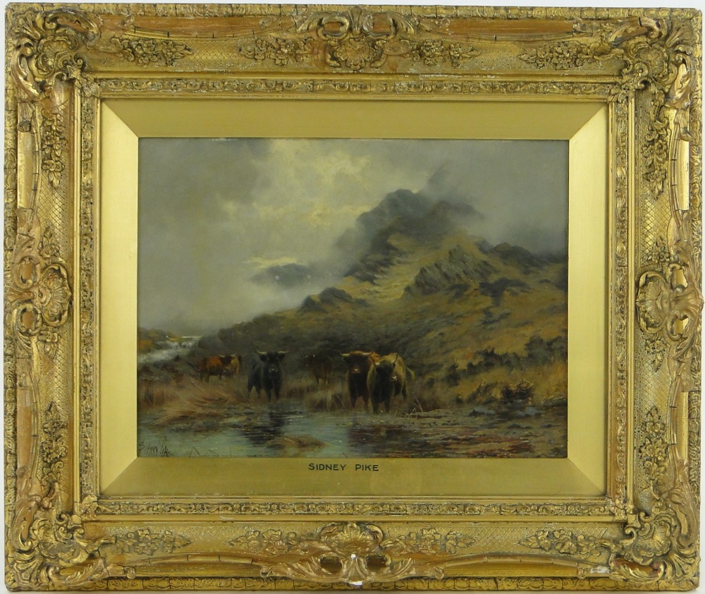 Sidney Pike (1858-1923),
oil on board, Highland cattle in mountain landscape, signed, 8.5" x 11.