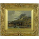 Sidney Pike (1858-1923),
oil on board, Highland cattle in mountain landscape, signed, 8.5" x 11.