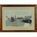 Ian Ribbons,
watercolour, Thames at Tower Bridge, signed and dated '84, 15" x 24", framed.