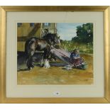 Watercolour, shire horse and figure, indistinctly signed, 15.5" x 19", framed.