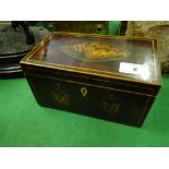 Inlaid mahogany caddy with shell and thistle motifs.