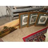 A set of 3 coloured engravings after Morland and watercolour, river and buildings, signed.
