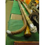 An engraved stick with spider cap, carved snake stick and another, (3).