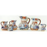 A graduated set of 6 Victorian Mason's octagonal jugs
with Imari style floral decoration, tallest 8.