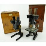 A Leitz Wetzlar microscope,
height 12", in fitted case and an oak cased microscope by Charles Perry.