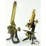 A brass Shift microscope on stand, 
length 12.5" and a larger microscope, (2).