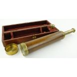 Antique leather-covered brass telescope,
with spare lens in fitted mahogany case, case length 18.5".