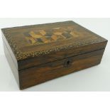 A 19th century Tunbridgeware rosewood sewing box
with cube marquetry decorated lid and micro-mosaic