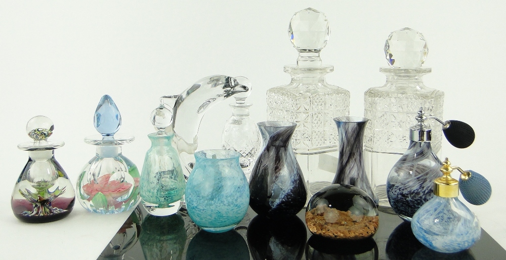 A Caithness scent bottle and stopper, 6"
a Murano glass paperweight, pair of cut-glass decanters,