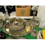 Large embossed silver plated tray, salver, cutlery,