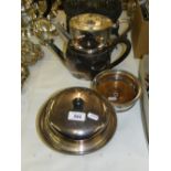 2 silver plated teapots, a muffin dish and 2 wine coasters.