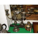 A pair of silver plate on copper 3 branch candelabra, cream jug, sugar bowl, etc.
