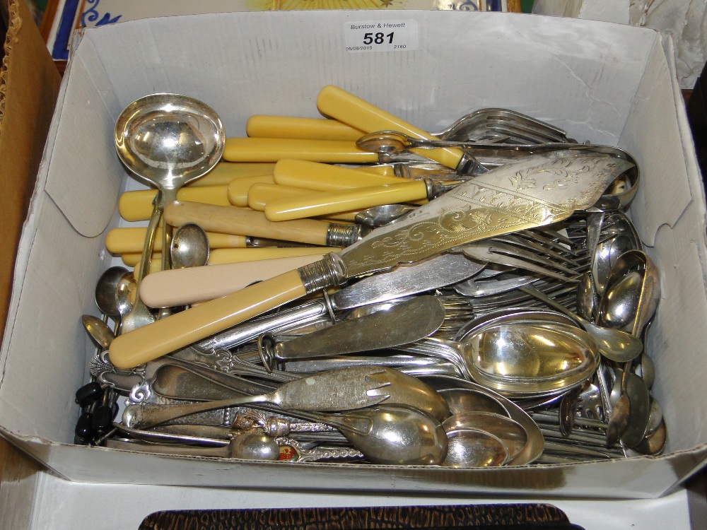 Box of silver plated cutlery, fish slice, etc.