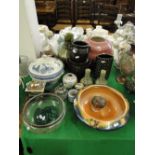 Deco dish, tureen, malachite items, etc.