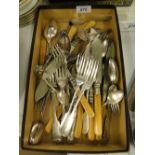 Tray of mixed plated cutlery.