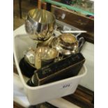 3 Silver trophies, 2 silver salts, pair of silver tots & matchbook case (12.