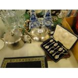 Plated teapot, stainless steel teapot, 2 cased sets of cutlery, etc.