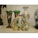 Edwardian painted glass vase, pair of vases and birds.