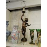 Bronze patinated cherub figure table lamp on alabaster plinth.