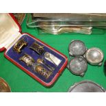 Cased silver cruet & 3 hammered pewter salts