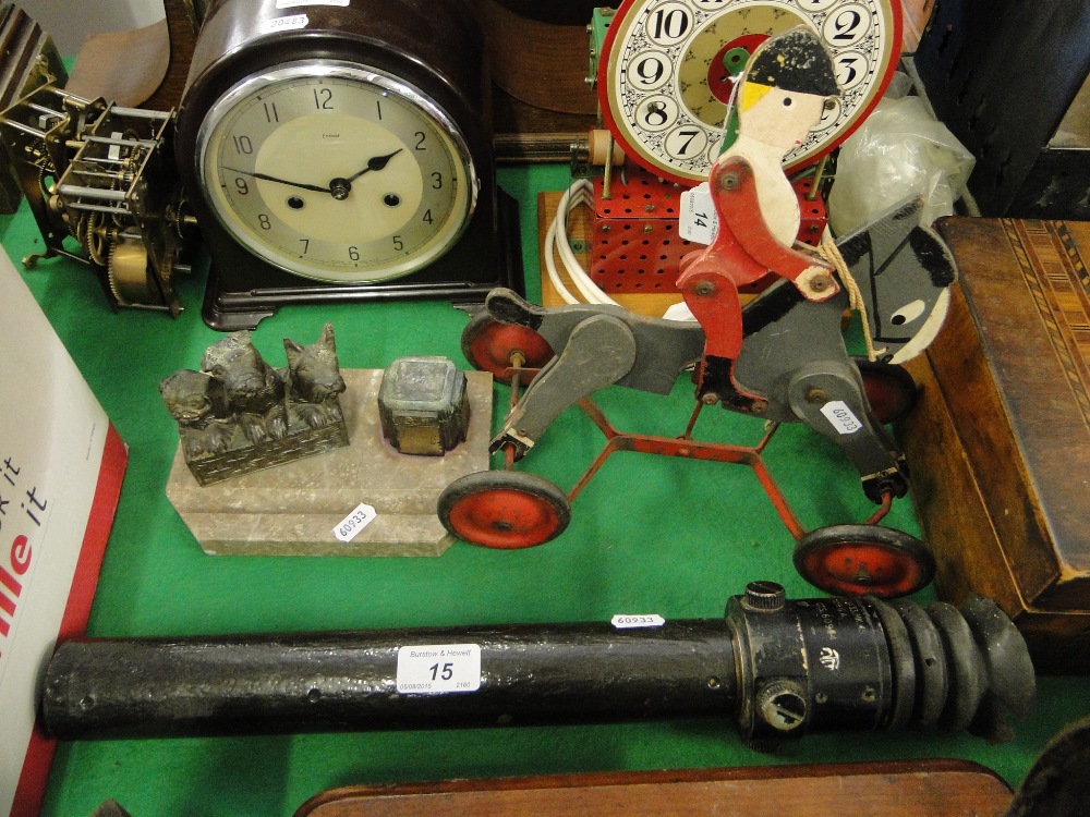 Spelter and marble desk stand, pull-along toy and a sight.