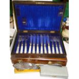 Mahogany cased fish cutlery for 6 people, another, serving fork and slice, etc.