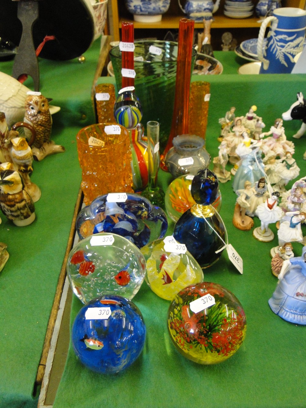 Glass paperweights, Whitefriars vases, etc.