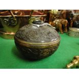 Chinese carved coconut box with pewter lining.