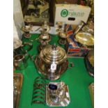 Pair of twin branch candelabra, ice bucket, toast rack, condiment set etc.