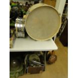 Old drum kit, to include bass drum, snare drum, cymbals, foot pedal,