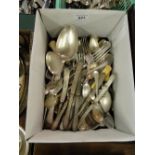 Large box of mixed plated cutlery & silver handled bread knives