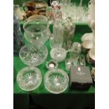 Crystal fruit bowls, jug decanter, pair of cut-glass decanters, etc.