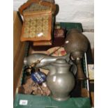 Workbox, books, pewter teapot & jug,