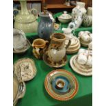 Art pottery table lamp, Studio pottery jugs and bowls.