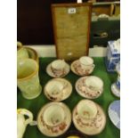 Sunderland lustre cups and saucers and a sampler.